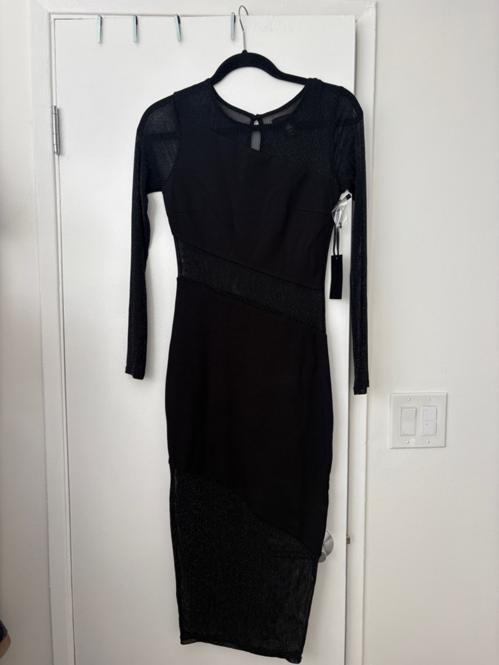 H:ours Black Long Sleeve Mesh Inset Bodycon Dress